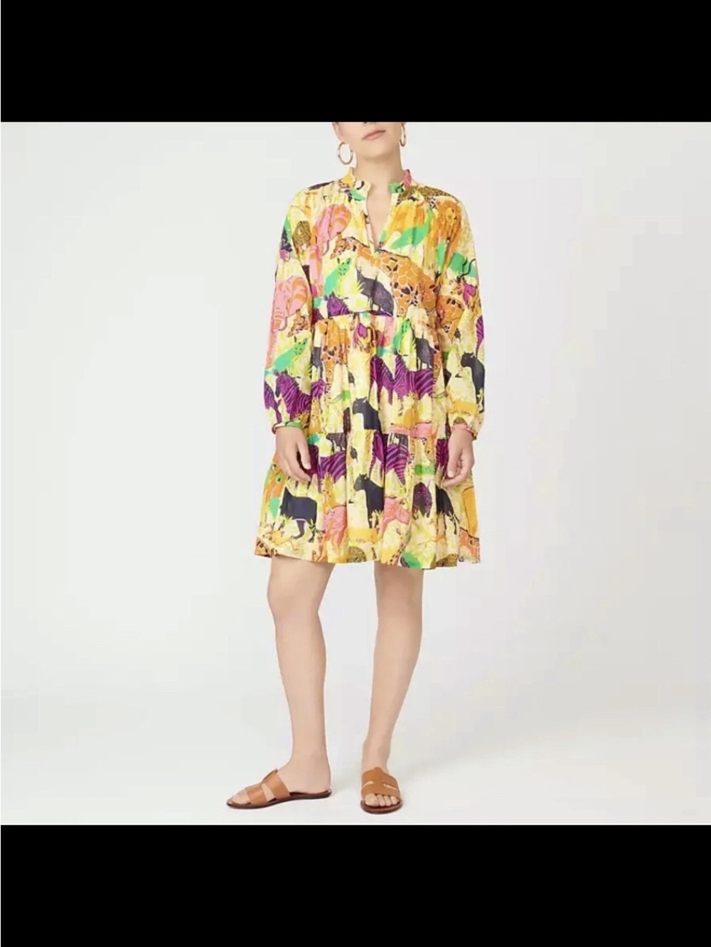 J.Crew Tiered Popover Natural Yellow Pink Ratti Safari Print Sz L Dress J Crew
